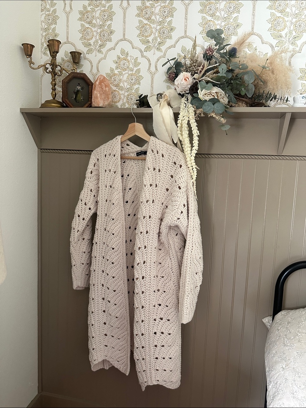 Light Beige Open-Knit Long Cardigan Sweater